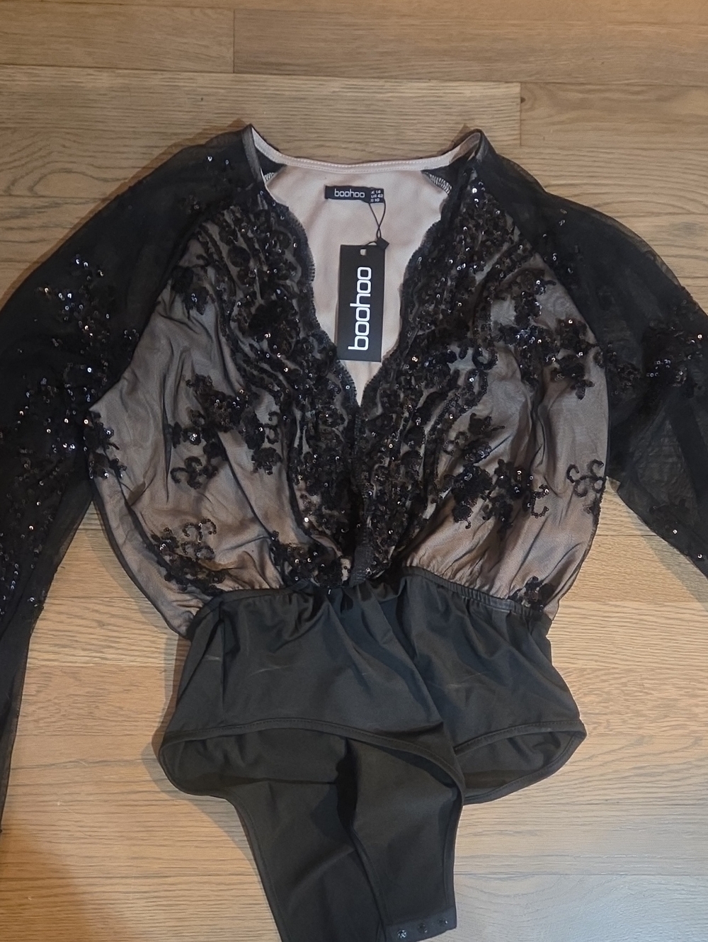 Boohoo Black Sequin Mesh Long Sleeve Bodysuit
